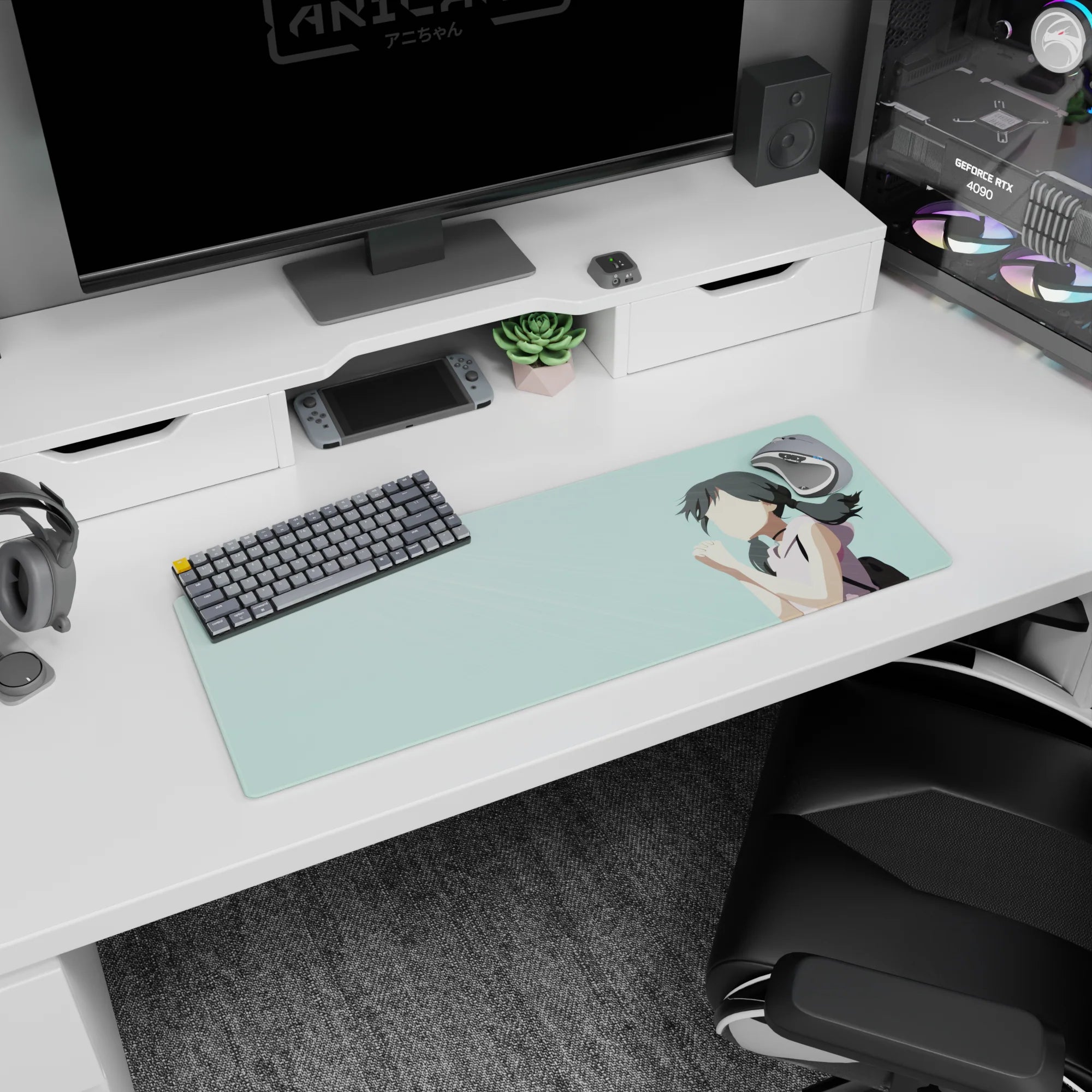 32x12 inches anime girl mouse pad showing dark twin ponytails girl clasping hands, wishing luck.