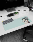 32x12 inches anime girl mouse pad showing dark twin ponytails girl clasping hands, wishing luck.