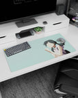 Cute anime schoolgirl with dark twin ponytails, hands clasped, on a 32x16 inches mouse pad.