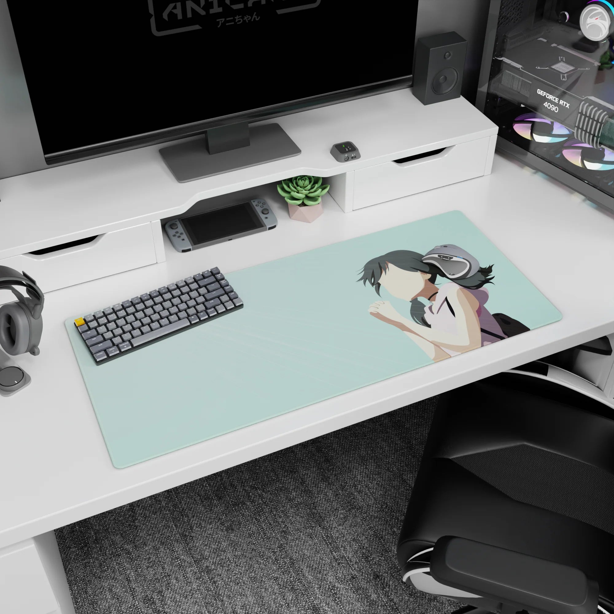 36x16 inches anime desk pad featuring dark twin-ponytail girl with hands clasped, wishing-you-luck pose.