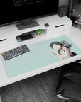 36x16 inches anime desk pad featuring dark twin-ponytail girl with hands clasped, wishing-you-luck pose.