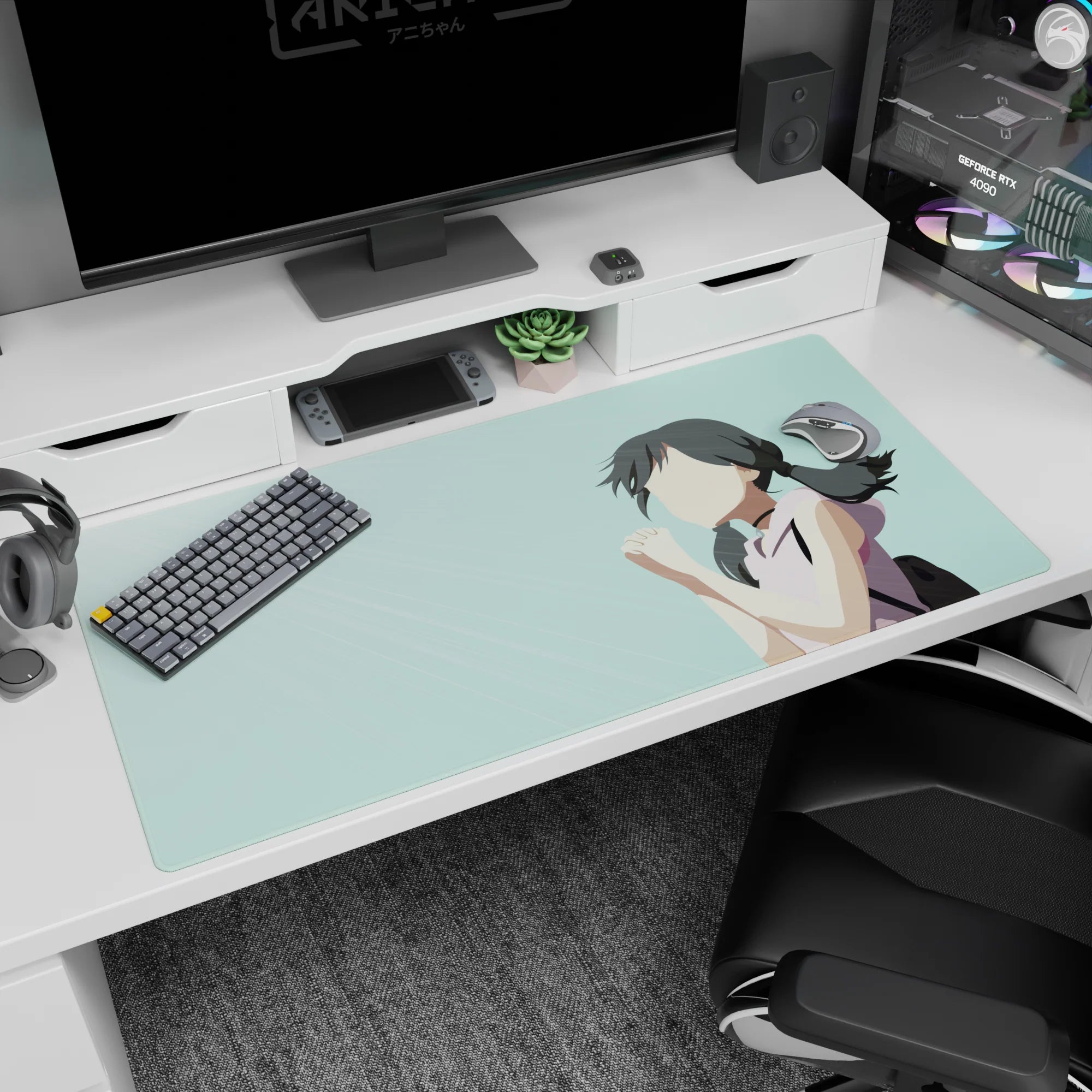 Cute anime schoolgirl with dark twin ponytails, hands clasped wishing luck on a 40x20 inches desk pad.