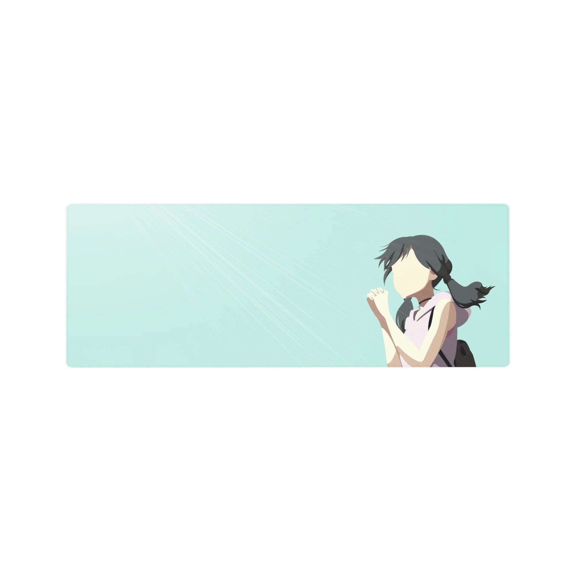 32x12 inches anime girl mouse pad with shy schoolgirl illustration and clean pale teal background.