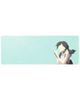 32x12 inches anime girl mouse pad with shy schoolgirl illustration and clean pale teal background.