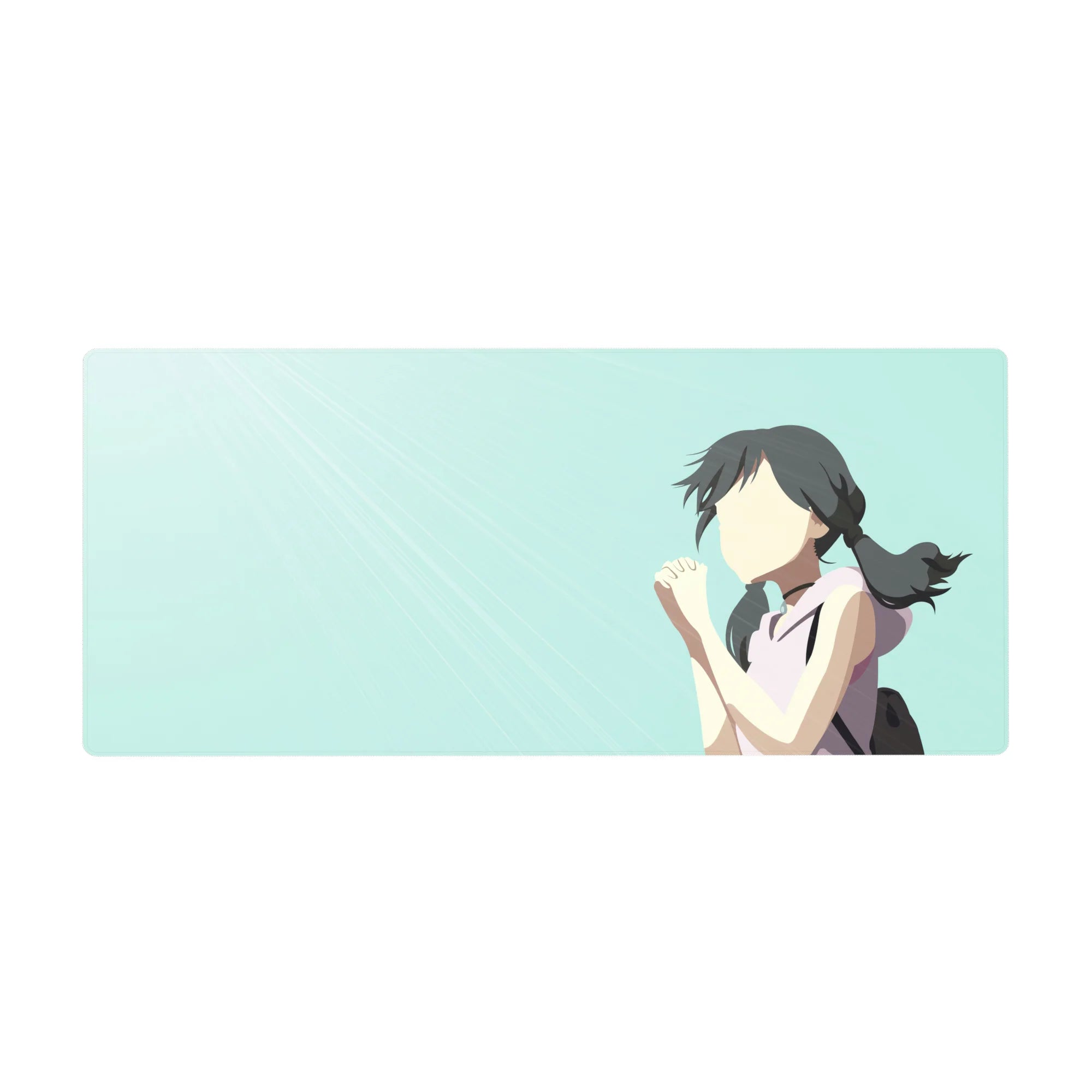 36x16 inches anime girl desk pad with shy schoolgirl illustration on pale teal background, cute clean style.