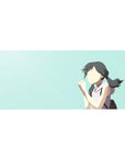 36x16 inches anime girl desk pad with shy schoolgirl illustration on pale teal background, cute clean style.