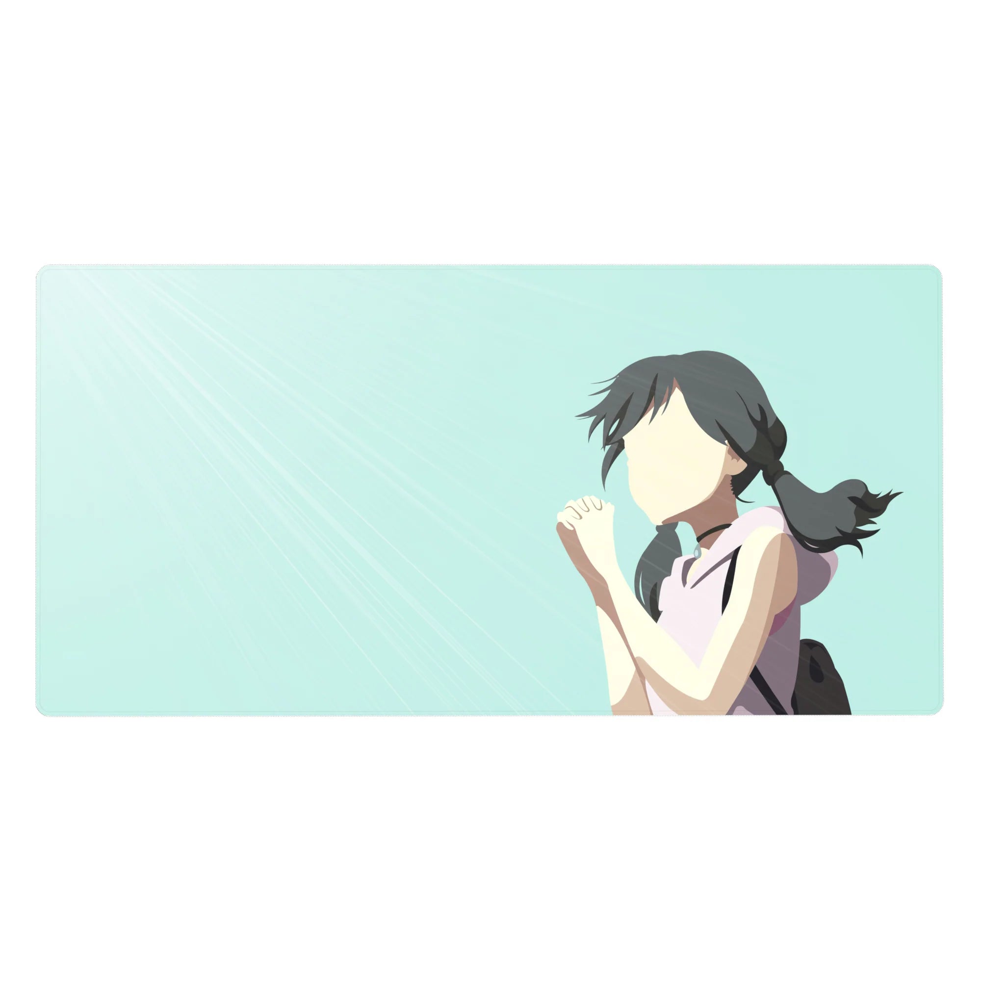 Anime girl desk pad 40x20 inches with shy schoolgirl illustration, twin ponytails, clean minimalist style.