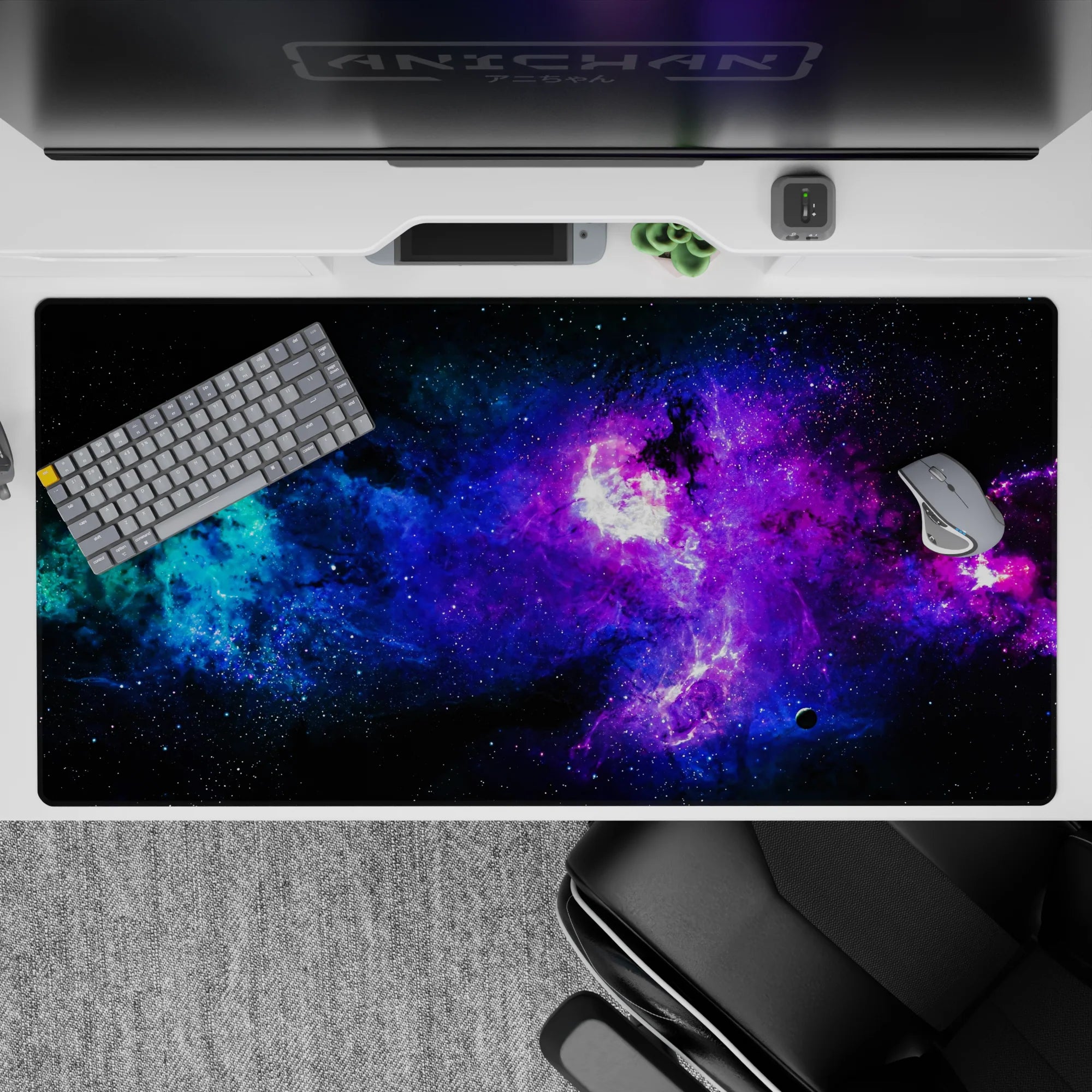 Teal, deep blue, and electric purple desk pad 40x20 inches with dreamy cosmic vibes and tiny stars.