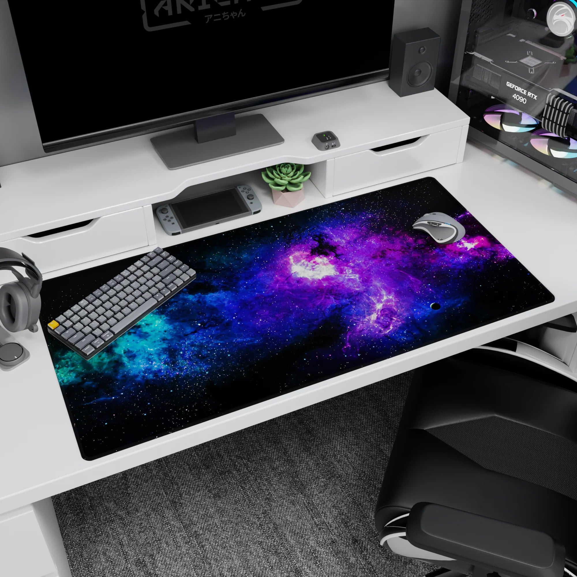 Starfield nebula scene desk pad 40x20 inches featuring a bright cosmic glow drifting through inky space.