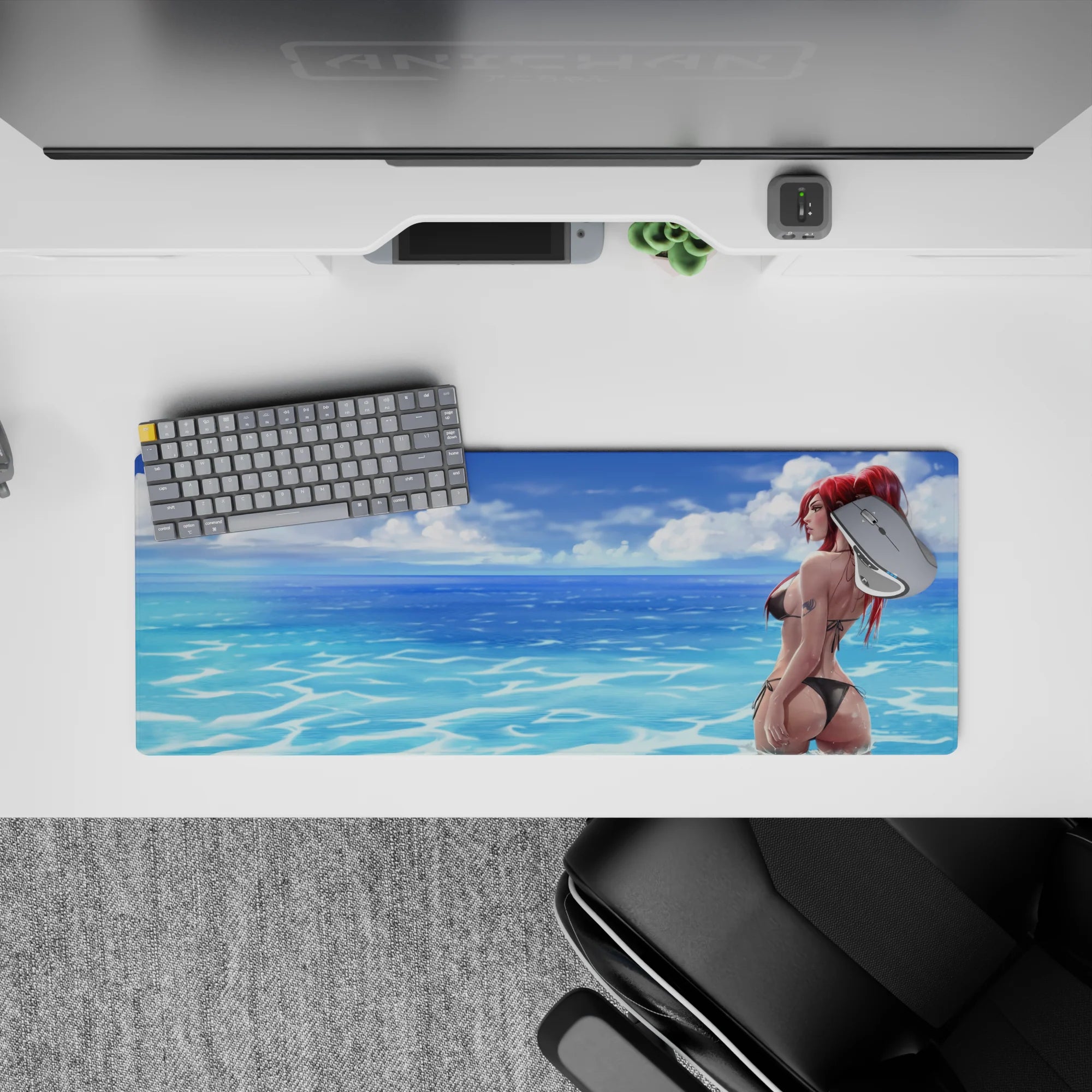 32x12 inches beach anime mouse pad in ocean-blue calm with sunlit water, soft clouds, flirty vibes.