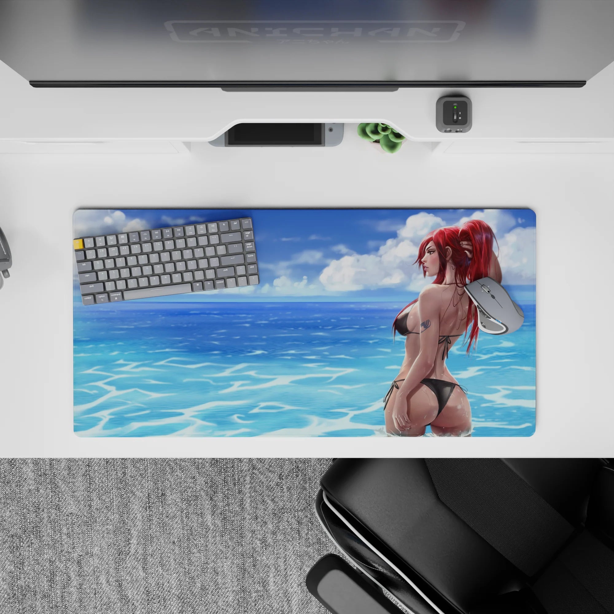 Ocean-blue beach mood anime girl mouse pad 32x16 inches, sunlit water shimmer and soft skies.