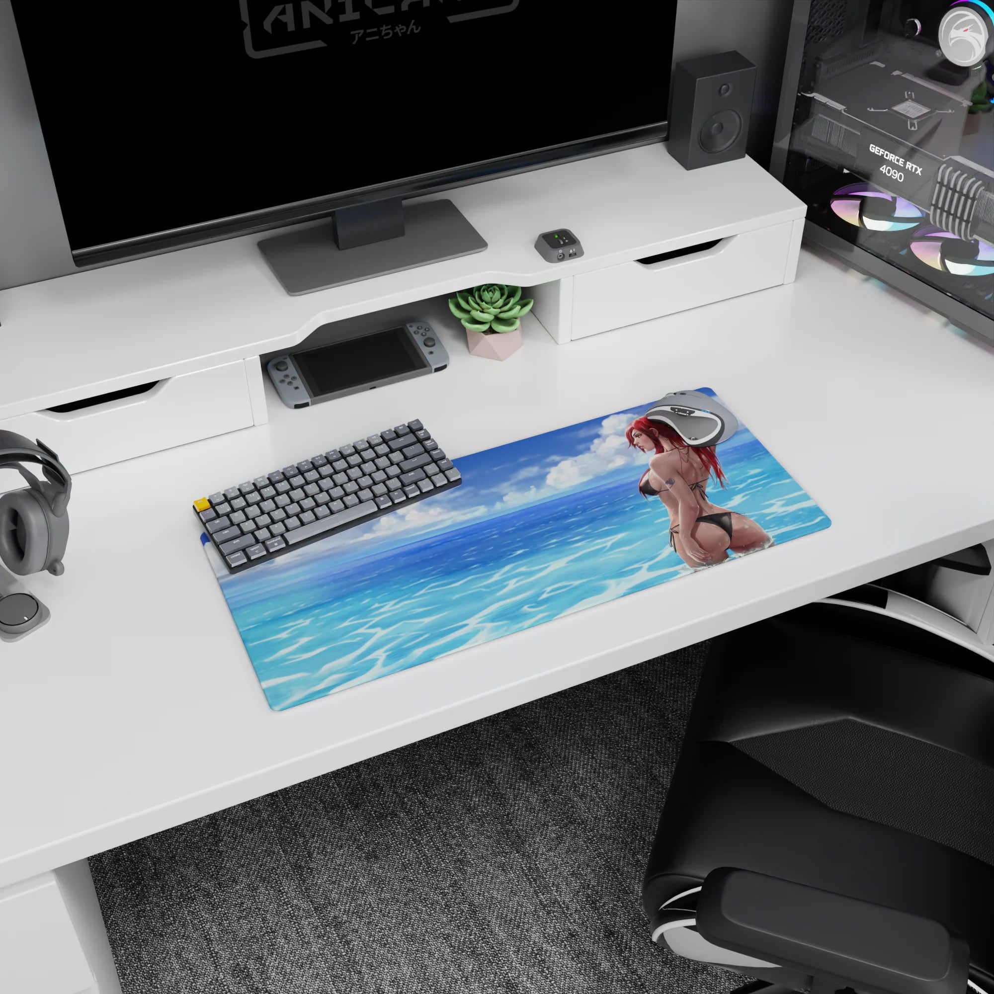 28x12 inches mouse pad showing a red-haired anime girl looking back by the sea, ponytail and arm tattoo.