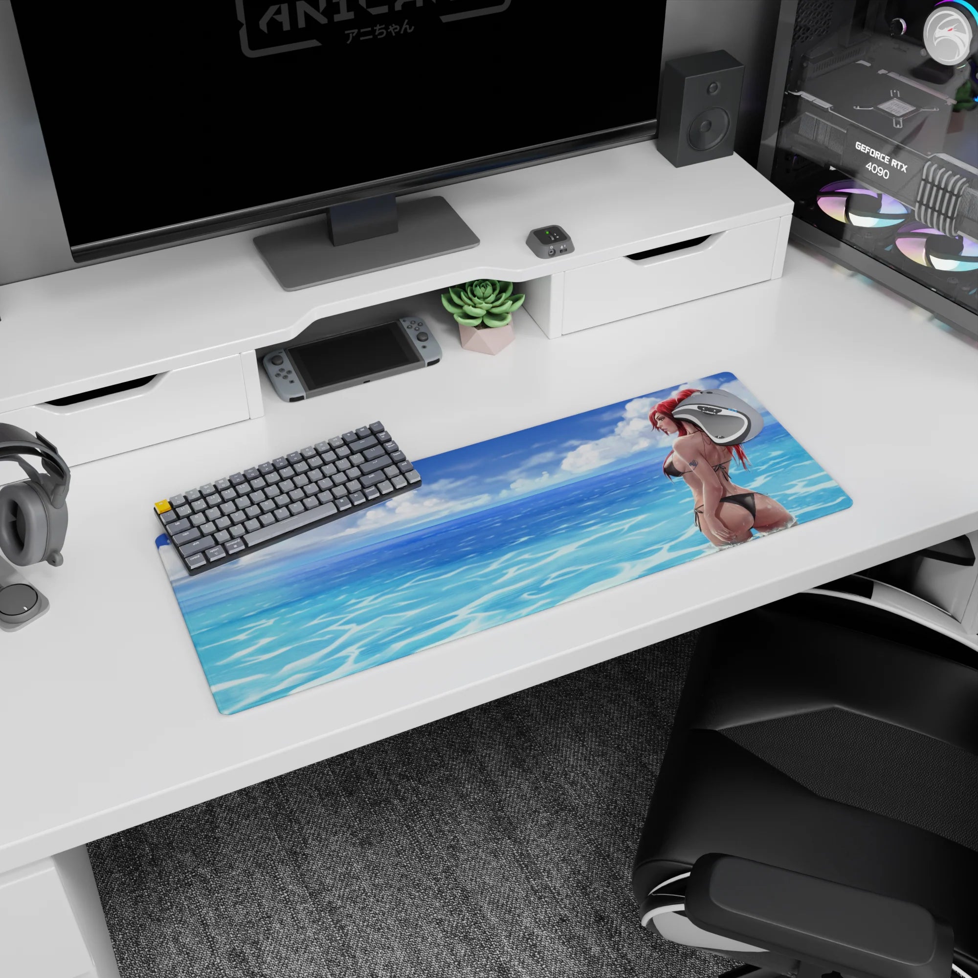 32x12 inches anime mouse pad featuring a red-haired girl in a black string bikini looking back by the sea.
