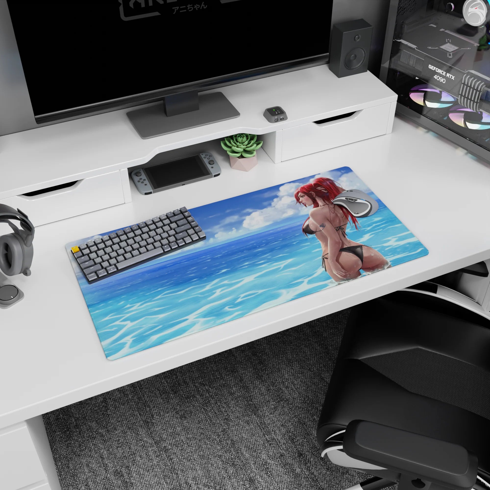Red-haired anime beauty in black string bikini on beach water background mouse pad 32x16 inches.