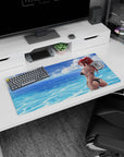 Red-haired anime beauty in black string bikini on beach water background mouse pad 32x16 inches.