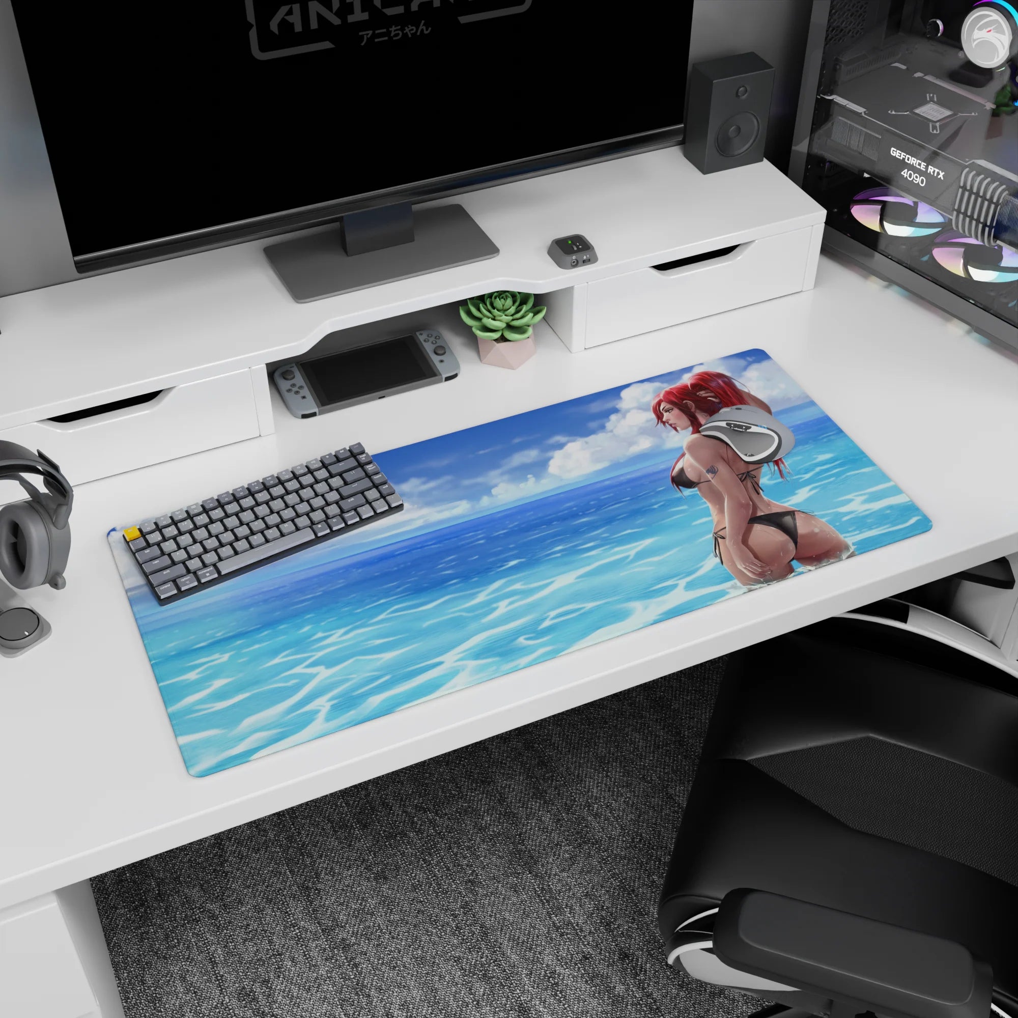36x16 inches anime desk pad featuring red-haired girl in ponytail, teasing glance, black string bikini.