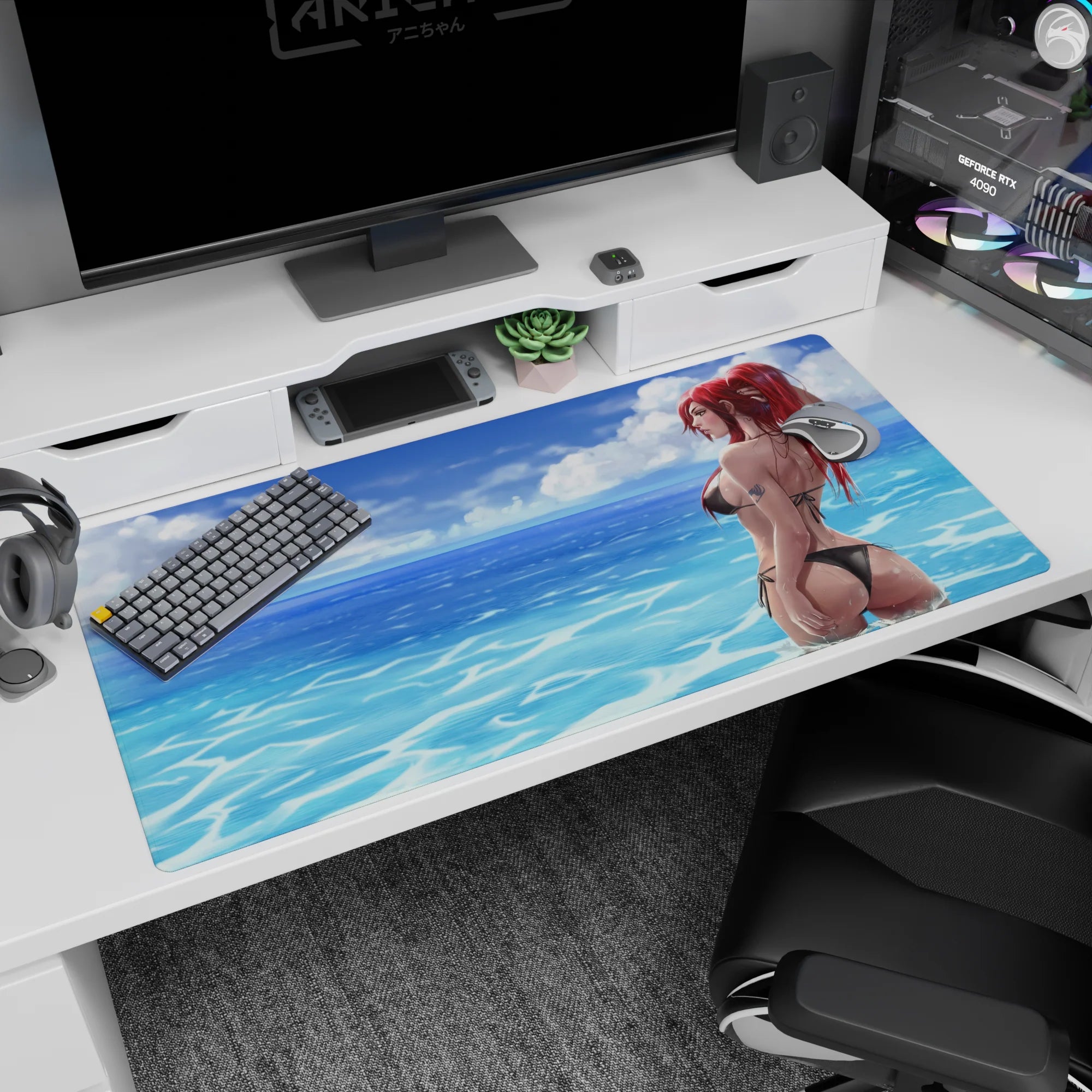 Red-haired anime girl looking back in black bikini on ocean water desk pad 40x20 inches.