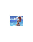 Classic anime girl mouse pad 14x10 inches with red-haired beach babe, black bikini, ocean ripples backdrop.