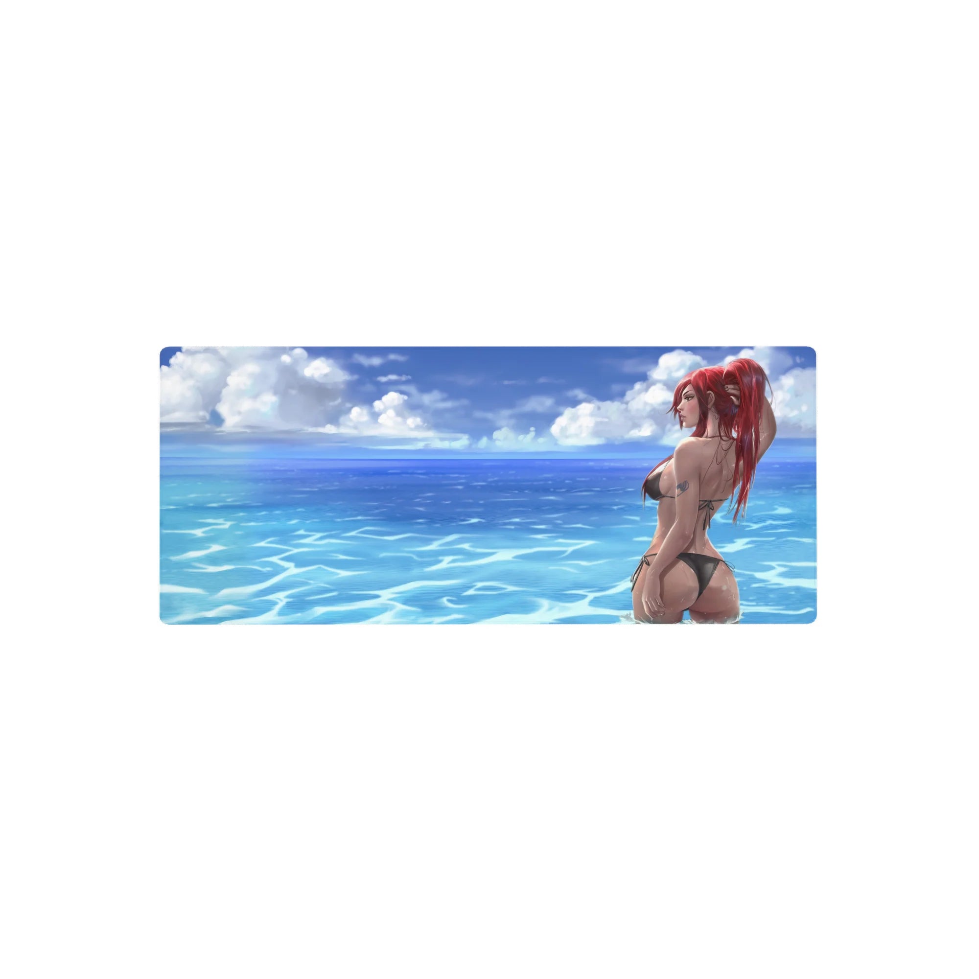 28x12 inches anime girl mouse pad with beach ocean ripples, clouds, and redhead in black bikini.