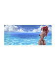 28x12 inches anime girl mouse pad with beach ocean ripples, clouds, and redhead in black bikini.
