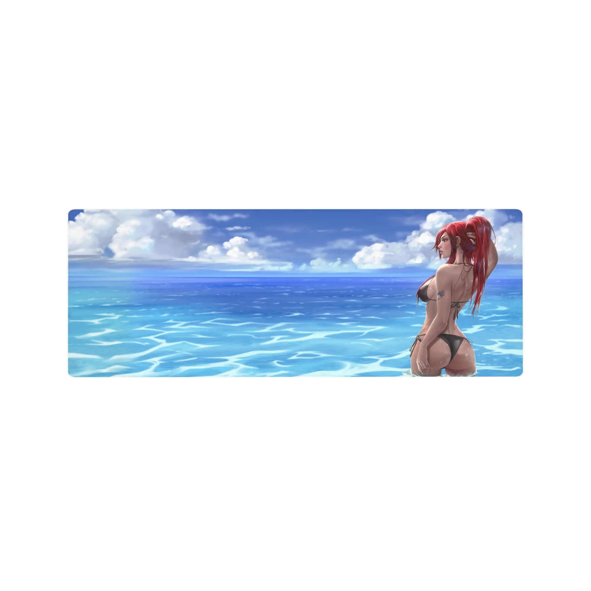 32x12 inches anime girl mouse pad with ocean ripples, clouds, and redhead in black bikini, ponytail.
