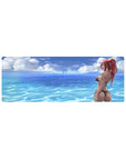 32x12 inches anime girl mouse pad with ocean ripples, clouds, and redhead in black bikini, ponytail.