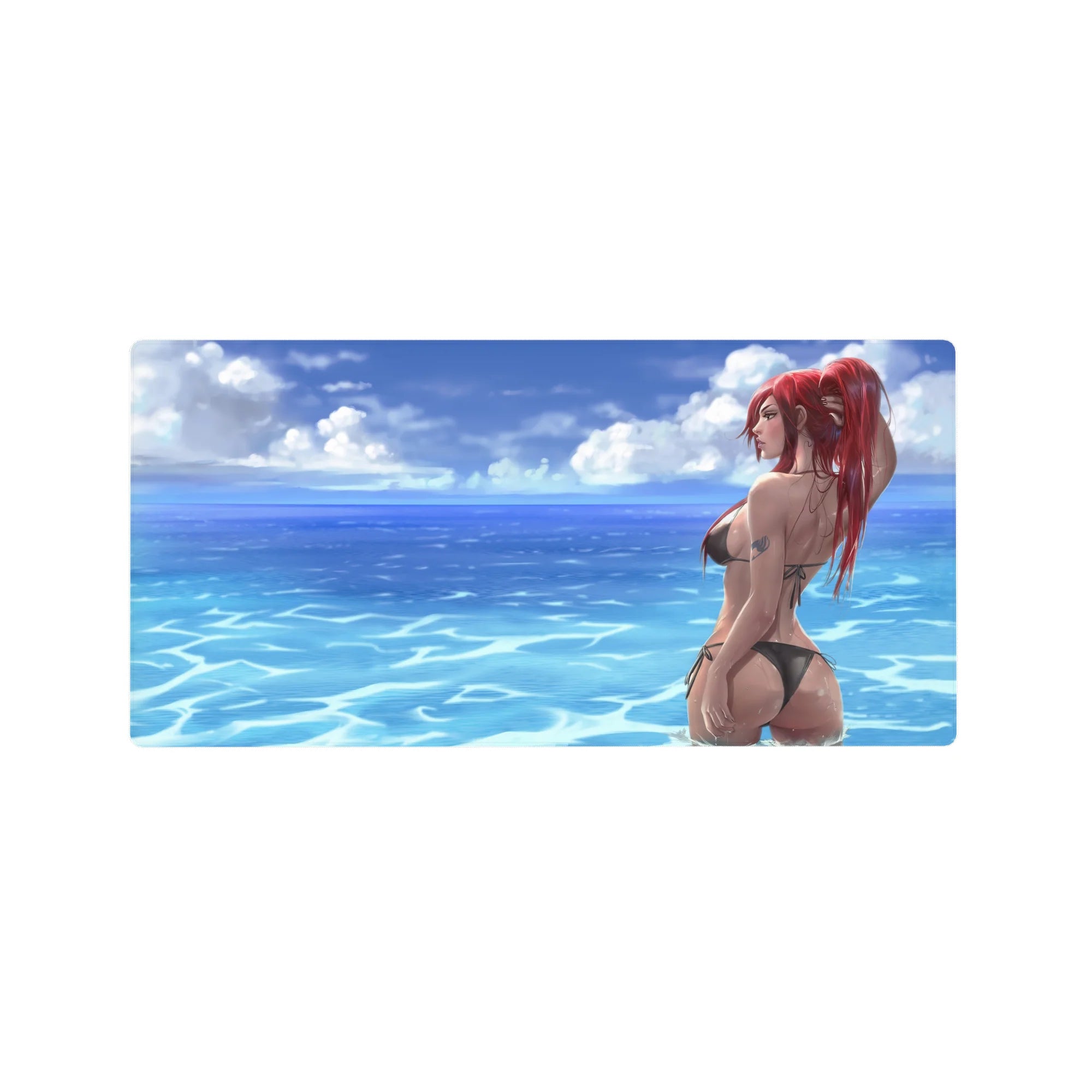 Anime girl mouse pad 32x16 inches with ocean ripples, clouds, and red-haired bikini pinup pose.