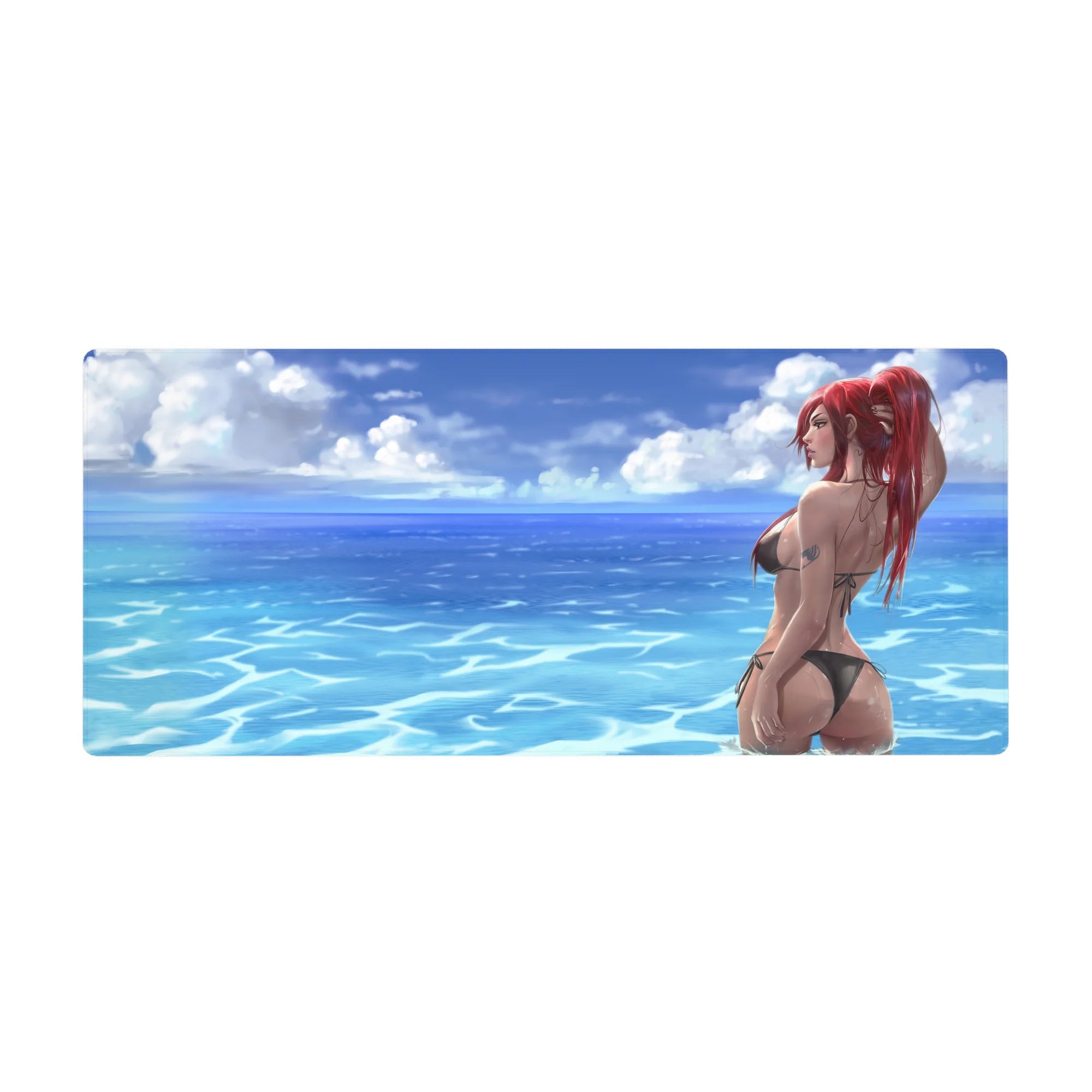 36x16 inches anime girl desk pad with beach ocean ripples, clouds, and redhead in black bikini.