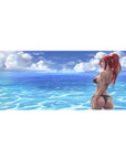 36x16 inches anime girl desk pad with beach ocean ripples, clouds, and redhead in black bikini.