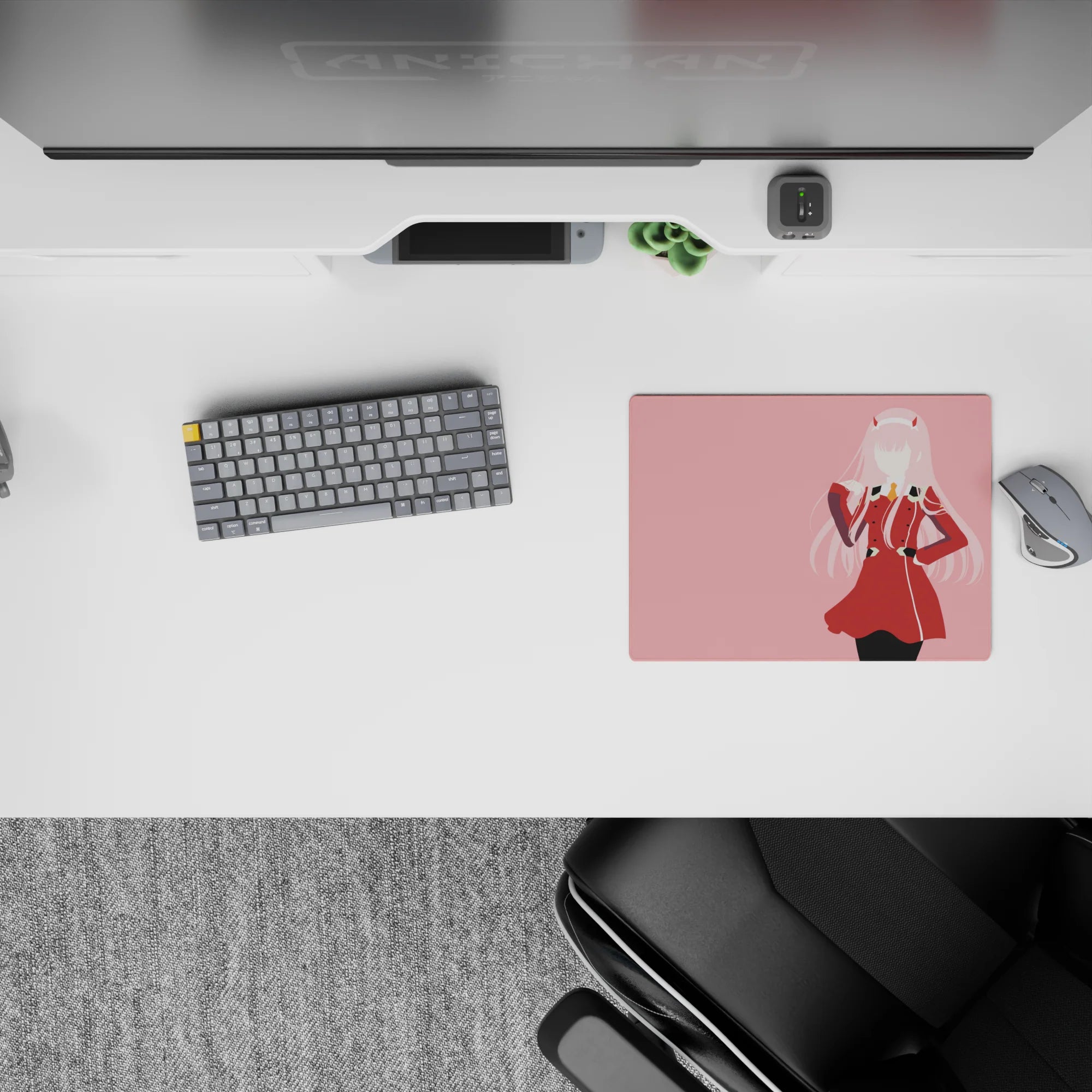 Anime mouse pad featuring Zero Two from Darling in the Franxx in red uniform, 14x10 inches, minimalist design.