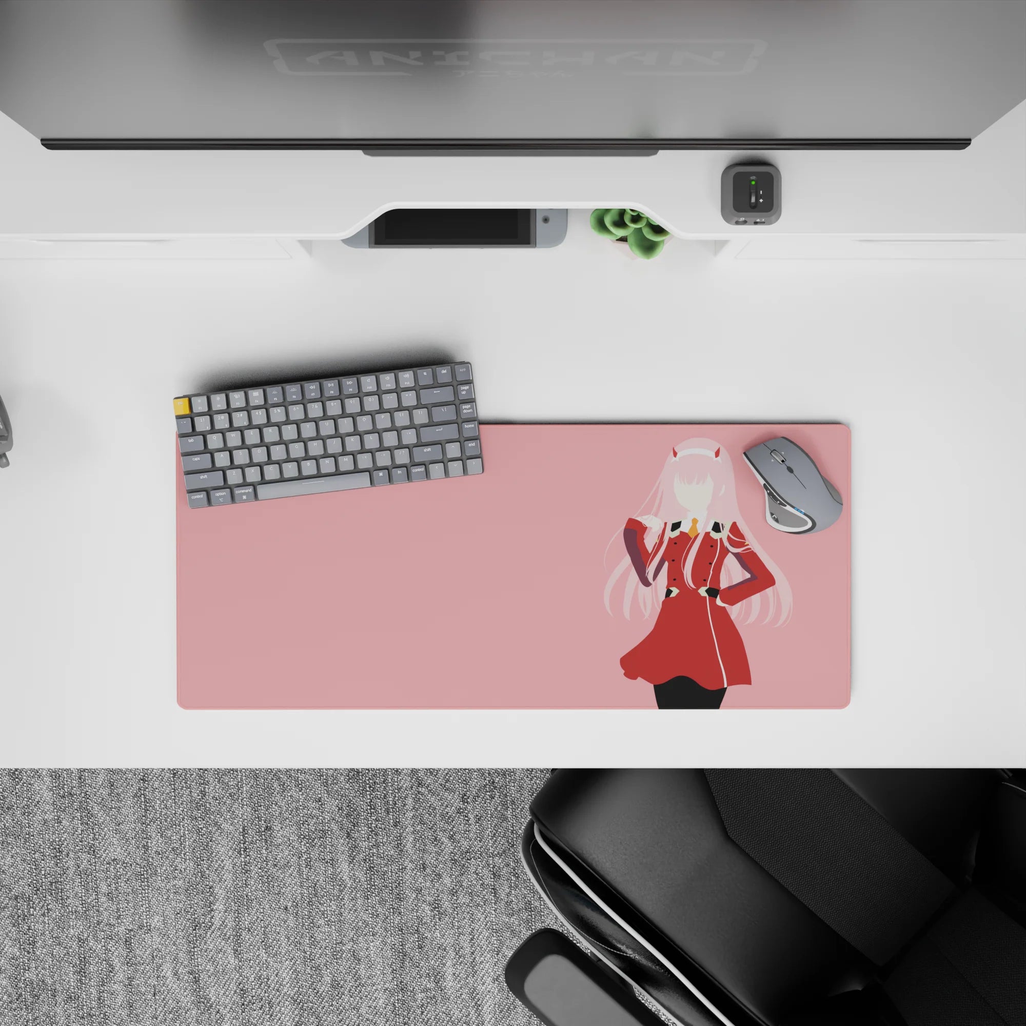 Mouse pad 28x12 inches featuring Zero Two from Darling in the Franxx in her red uniform, minimalist design, bold colors.