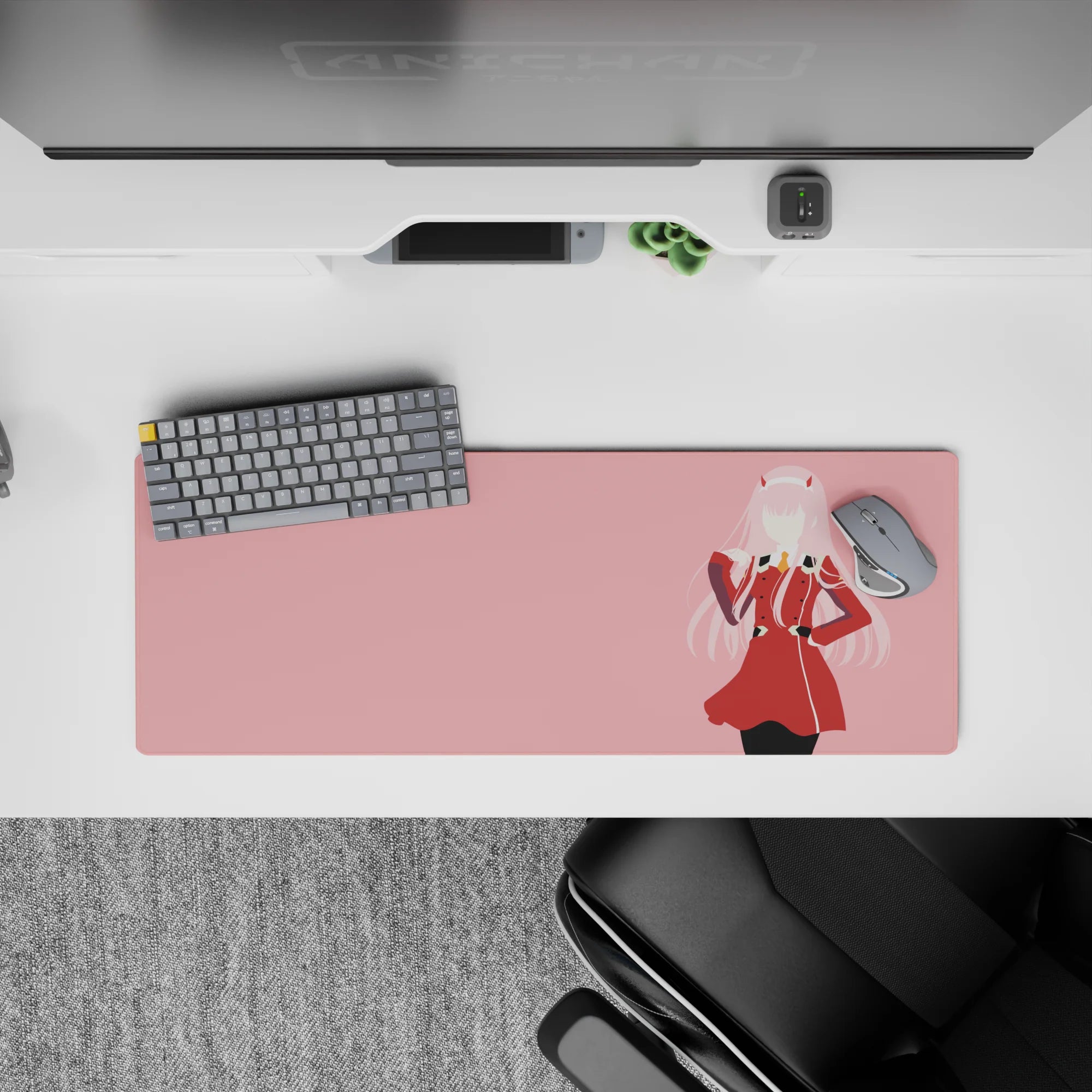 Anime mouse pad 32x12 inches featuring Zero Two from Darling in the Franxx in her red uniform with bold pink accents.