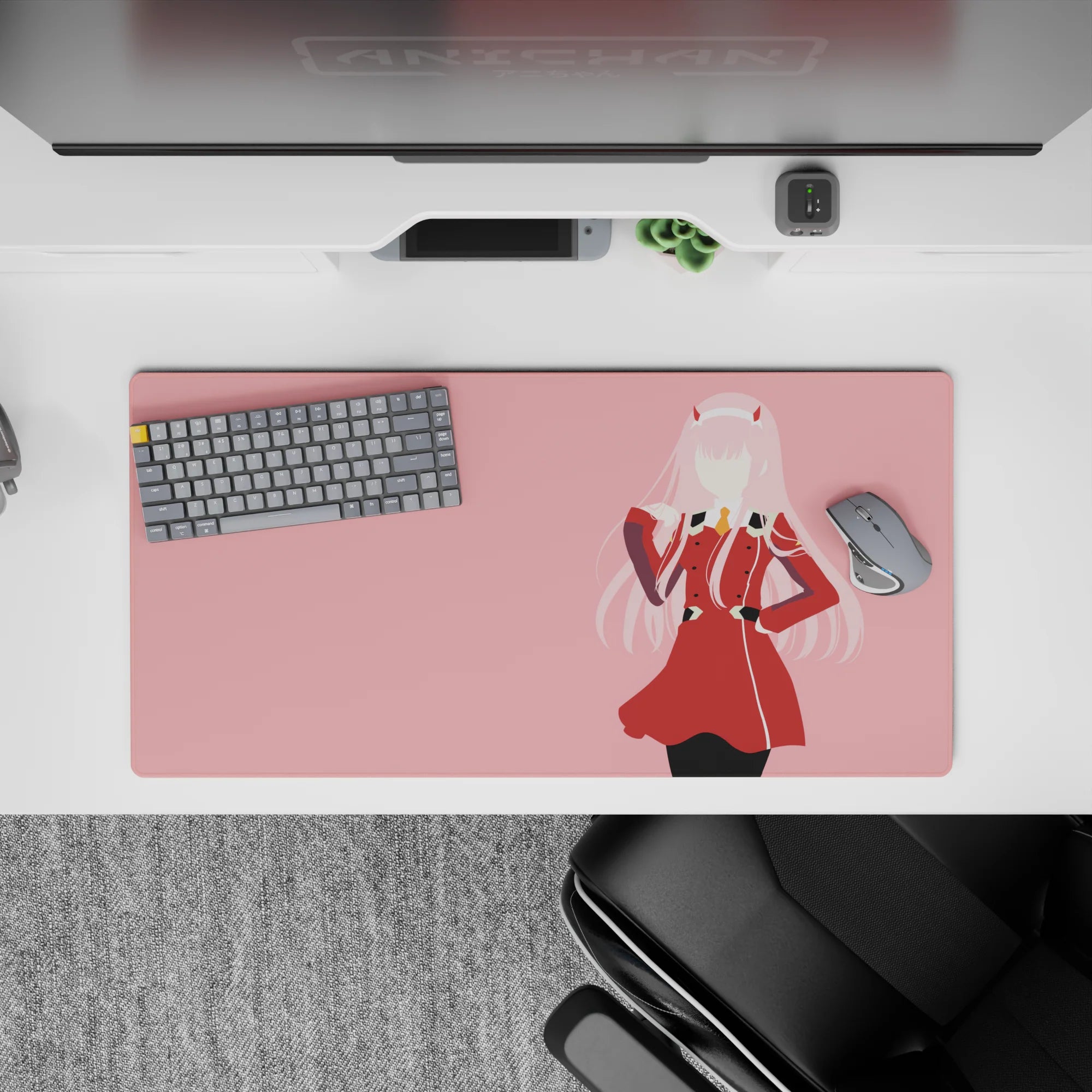 Zero Two anime mouse pad, 32x16 inches, features her in a bold red uniform with clean lines and a soft background.