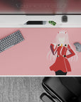 Anime mouse pad 40x20 inches featuring Zero Two in red uniform, bold pink contrasts, sleek minimalist design.
