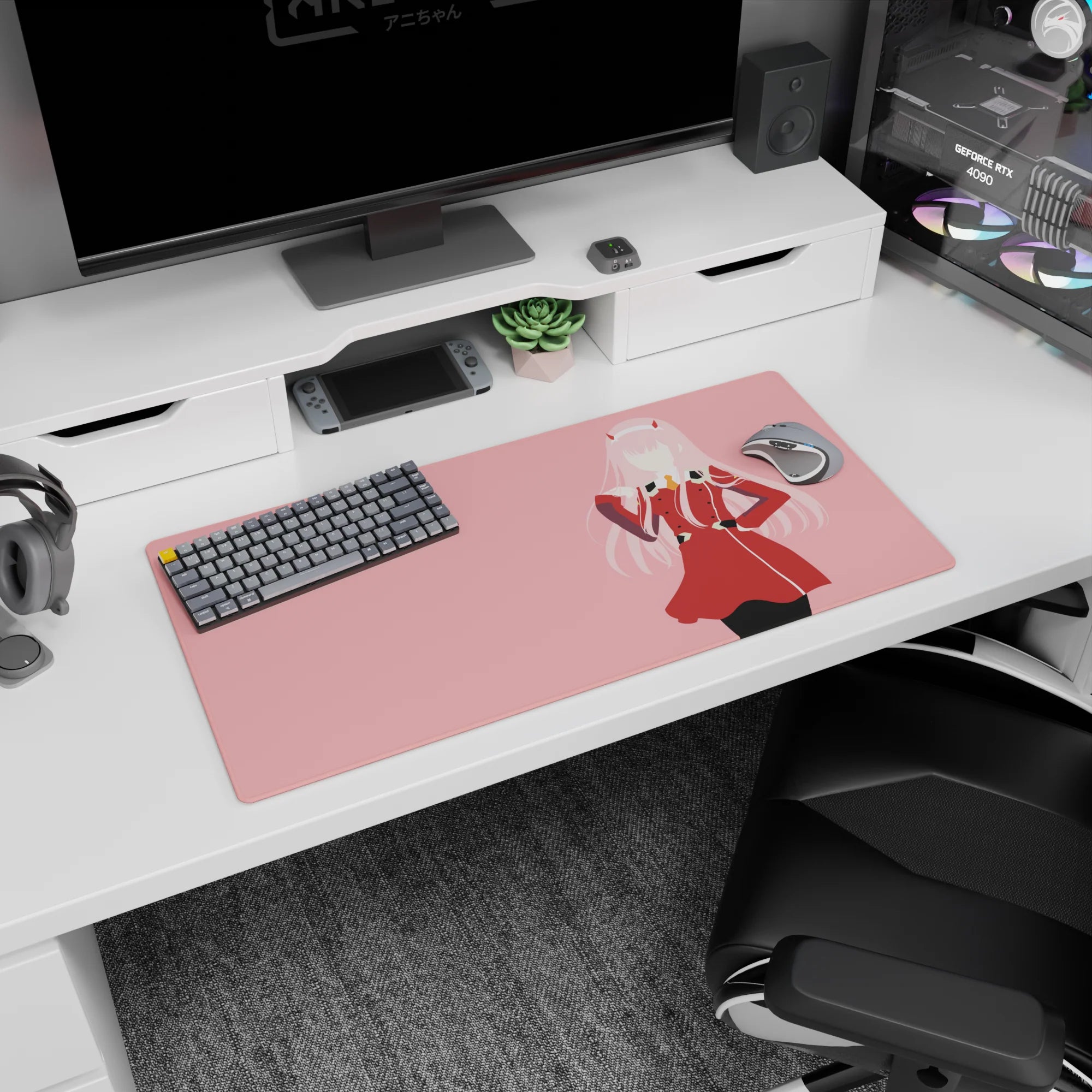 Zero Two anime mouse pad, 32x16 inches, featuring her in a sharp red uniform with bold pink and crisp contrast.