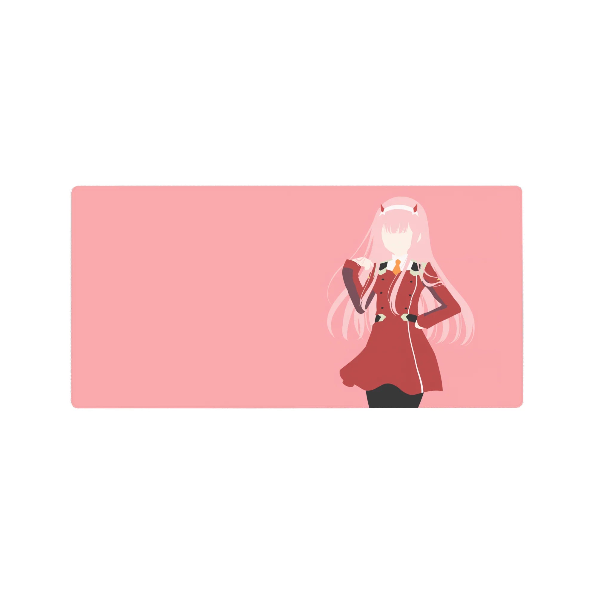 Anime mouse pad featuring Zero Two in red uniform, 32x16 inches. Minimalist design with bold pink and crisp contrast.
