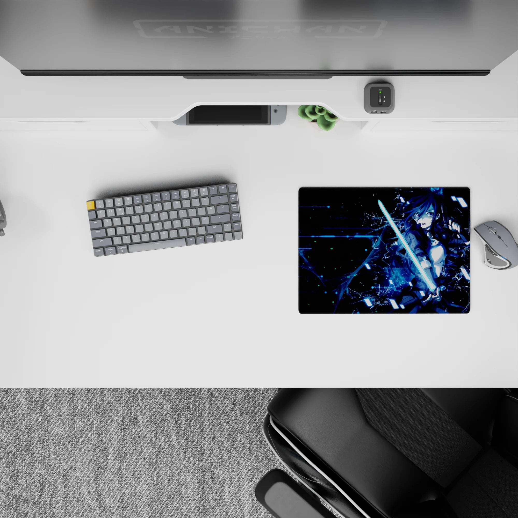 Anime mouse pad 14x10 inches featuring Kirito from Sword Art Online with neon cyberpunk design and vibrant colors.