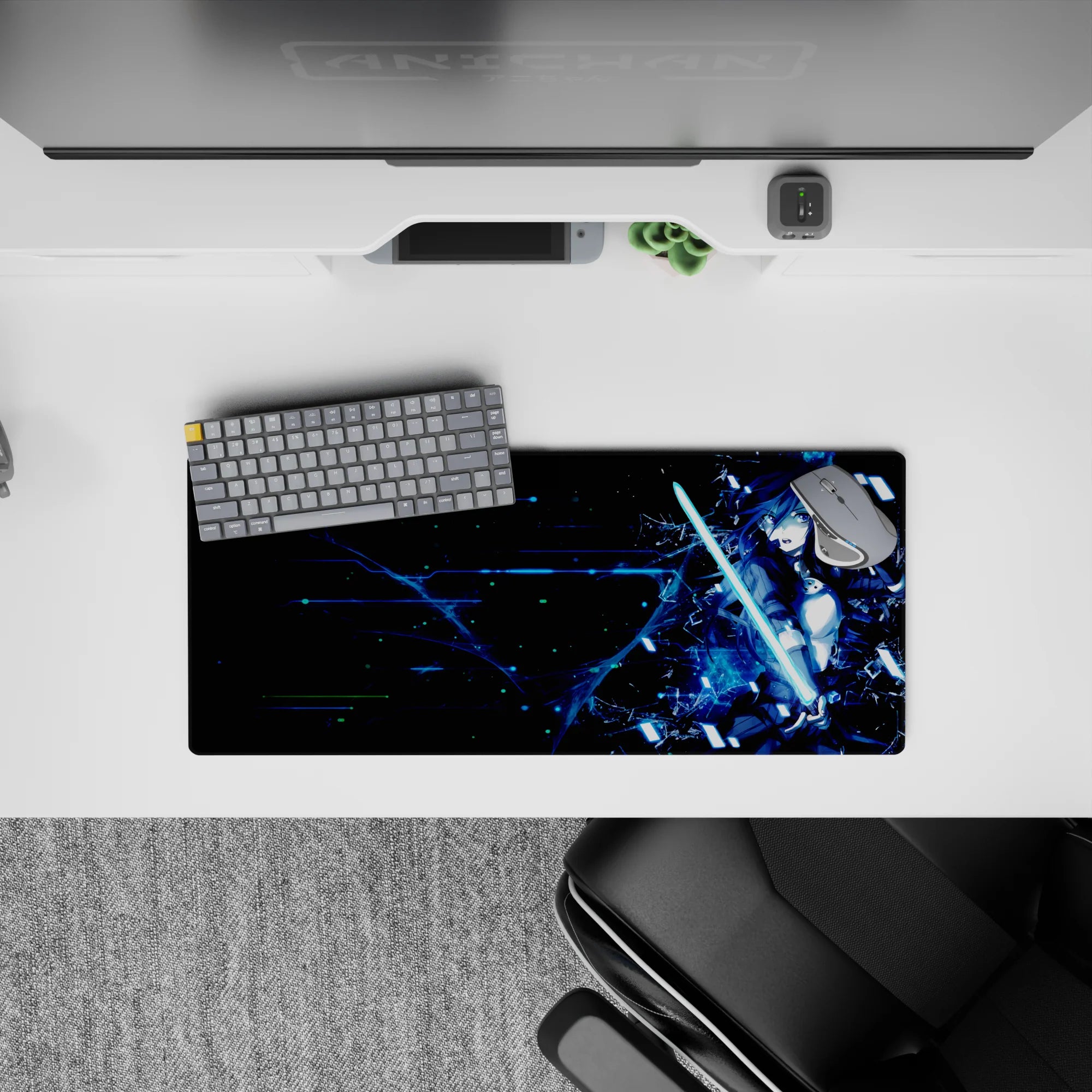 Anime mouse pad featuring Kirito from SAO in a cyberpunk style, 28x12 inches, with neon and glitchy energy.