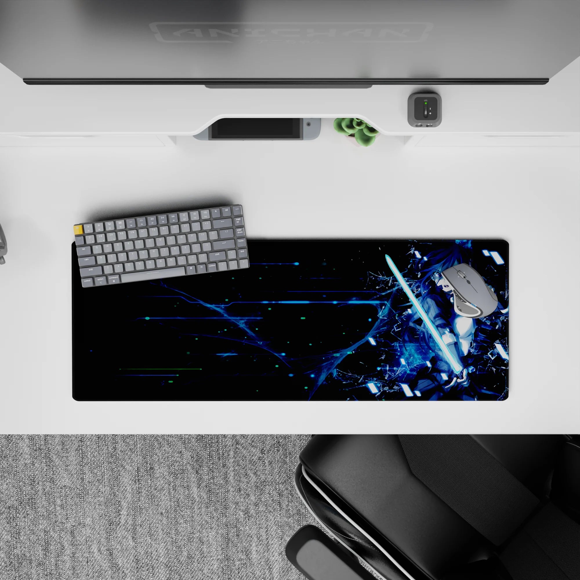 Anime mouse pad 32x12 inches featuring Kirito from Sword Art Online with cyberpunk theme, neon glow, and glitchy energy.