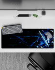 Anime mouse pad 32x12 inches featuring Kirito from Sword Art Online with cyberpunk theme, neon glow, and glitchy energy.