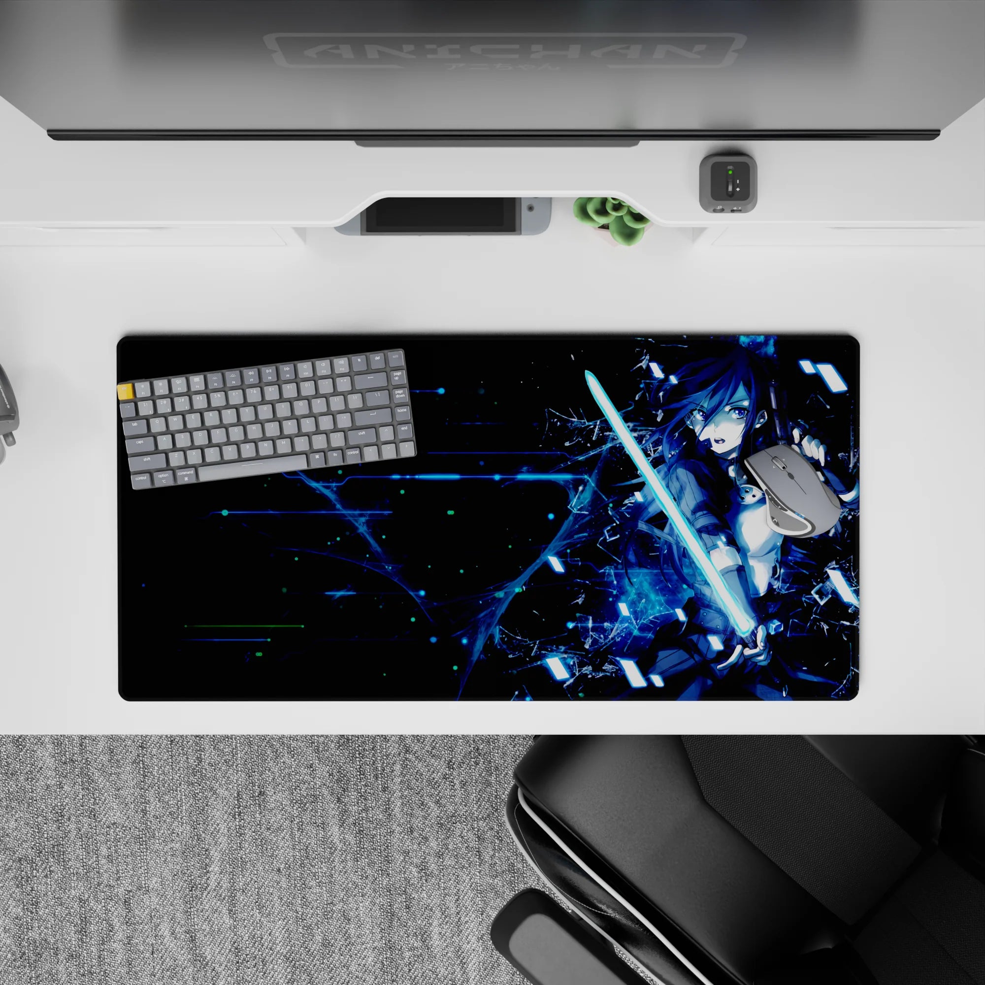 Anime mouse pad 32x16 inches featuring Kirito from SAO with cyberpunk vibes, glitchy energy, and a midnight palette.