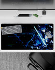 Anime mouse pad 32x16 inches featuring Kirito from SAO with cyberpunk vibes, glitchy energy, and a midnight palette.