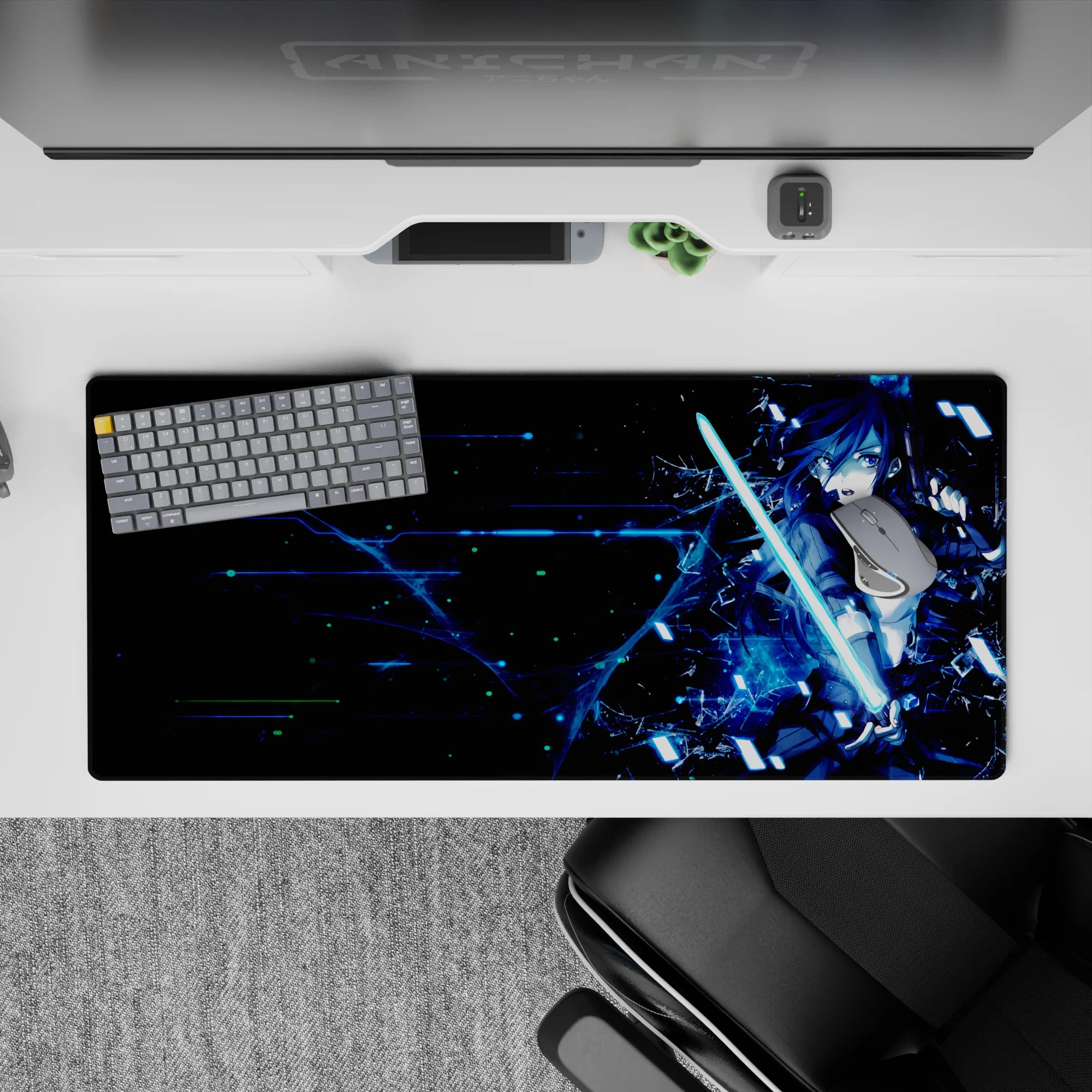 Anime desk pad featuring Kirito from Sword Art Online, cyberpunk style, 36x16 inches, vibrant midnight colors.