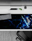 Anime desk pad featuring Kirito from Sword Art Online, cyberpunk style, 36x16 inches, vibrant midnight colors.