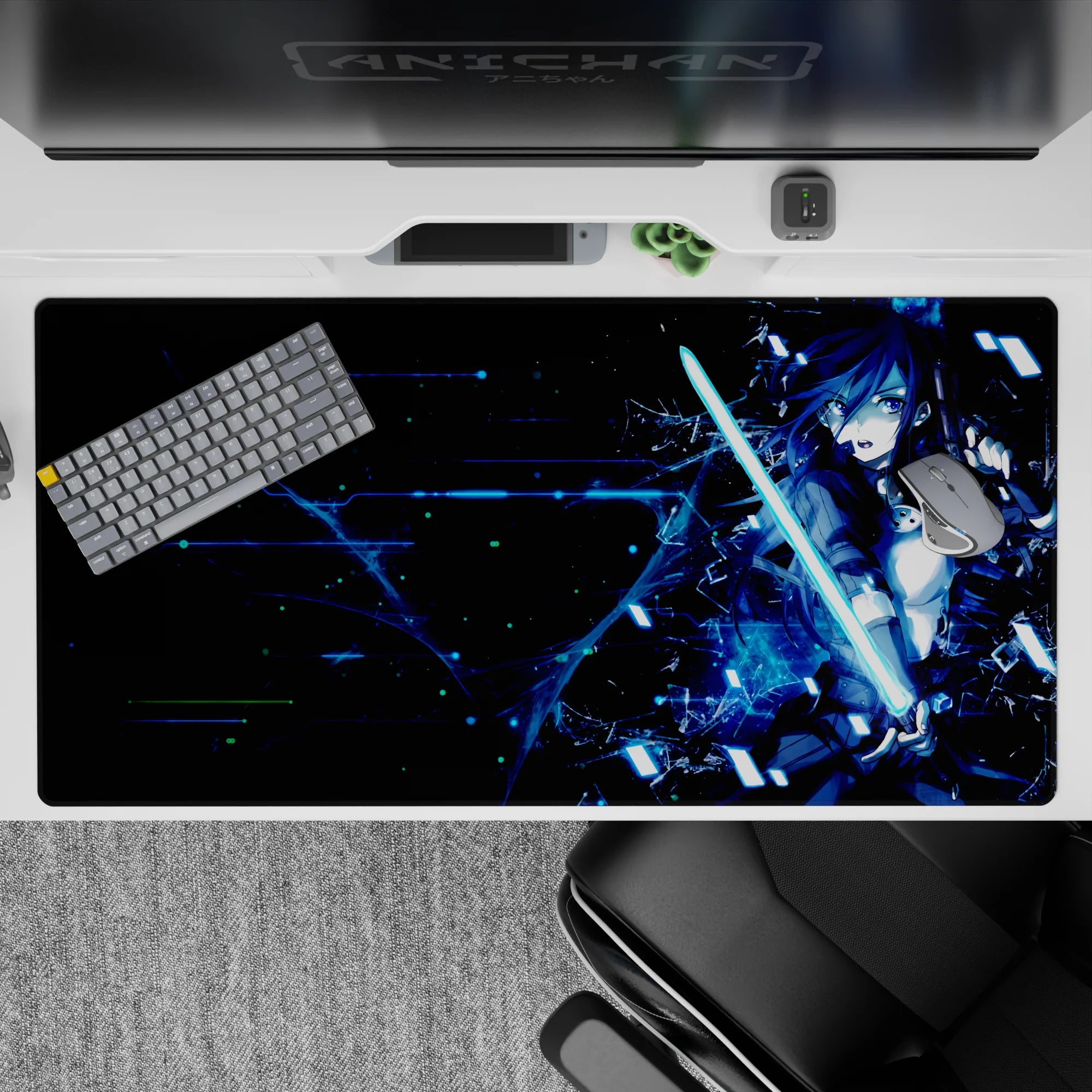 Kirito from Sword Art Online on a 40x20 inch desk pad, featuring cyberpunk vibes with a midnight palette and glitchy energy.