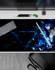 Kirito from Sword Art Online on a 40x20 inch desk pad, featuring cyberpunk vibes with a midnight palette and glitchy energy.