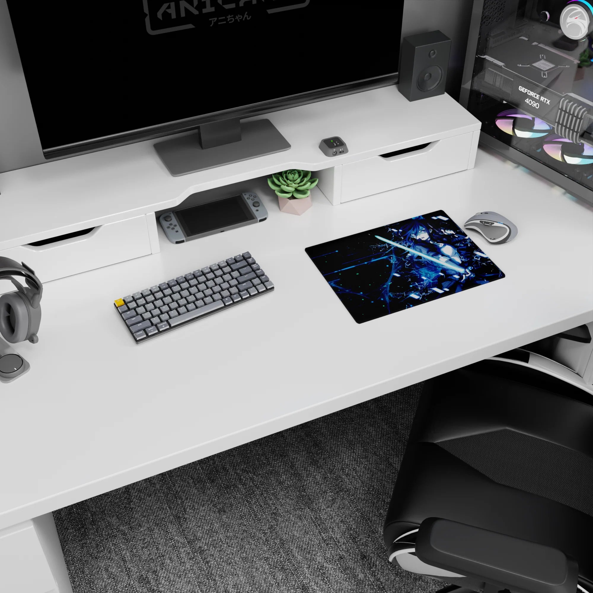 Anime mouse pad 14x10 inches featuring Kirito from Sword Art Online, with cyberpunk vibes and glitchy neon energy.