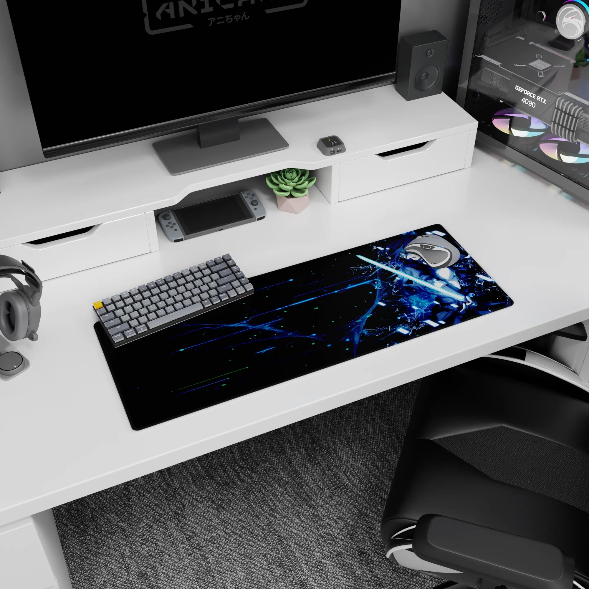 Anime mouse pad 32x12 inches, featuring Kirito from Sword Art Online, vibrant cyberpunk design with neon and glitch effects.