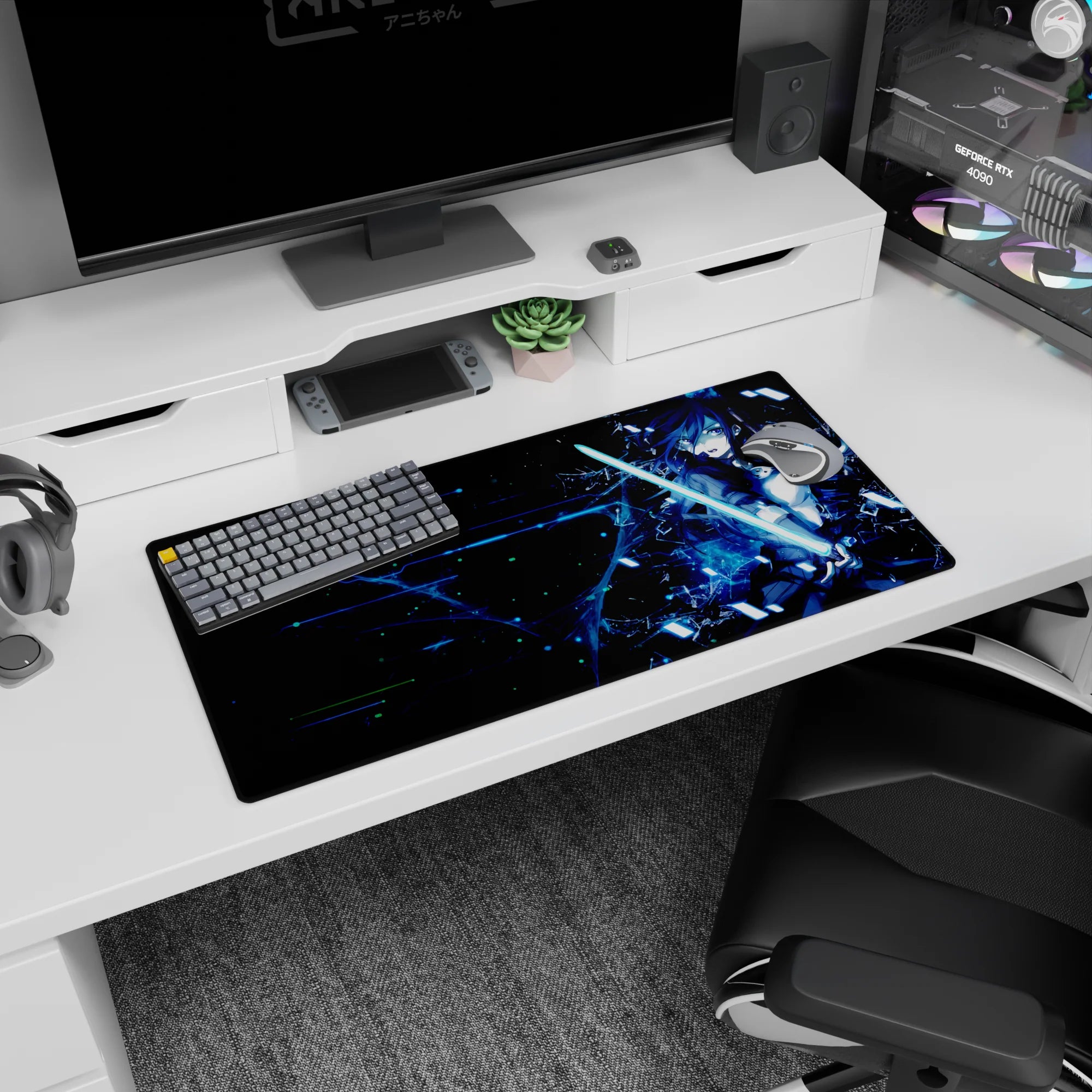 Anime mouse pad 32x16 inches featuring Kirito from Sword Art Online with cyberpunk neon vibes and glitchy energy.