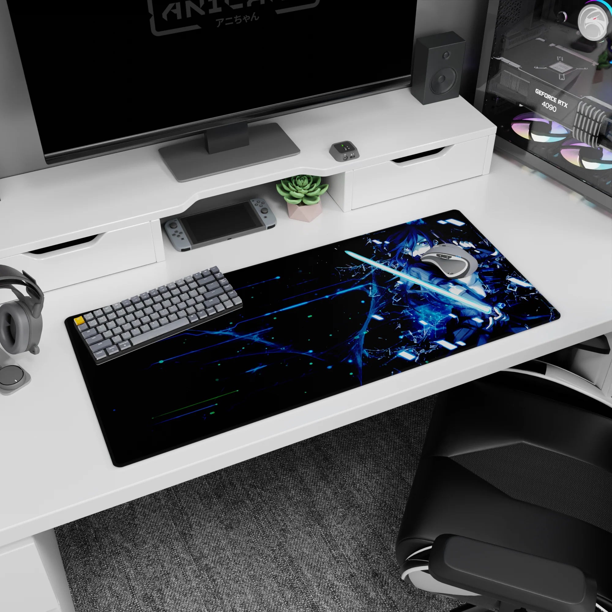 Anime desk pad 36x16 inches with Sword Art Online's Kirito, neon cyberpunk design, perfect for immersive gaming.